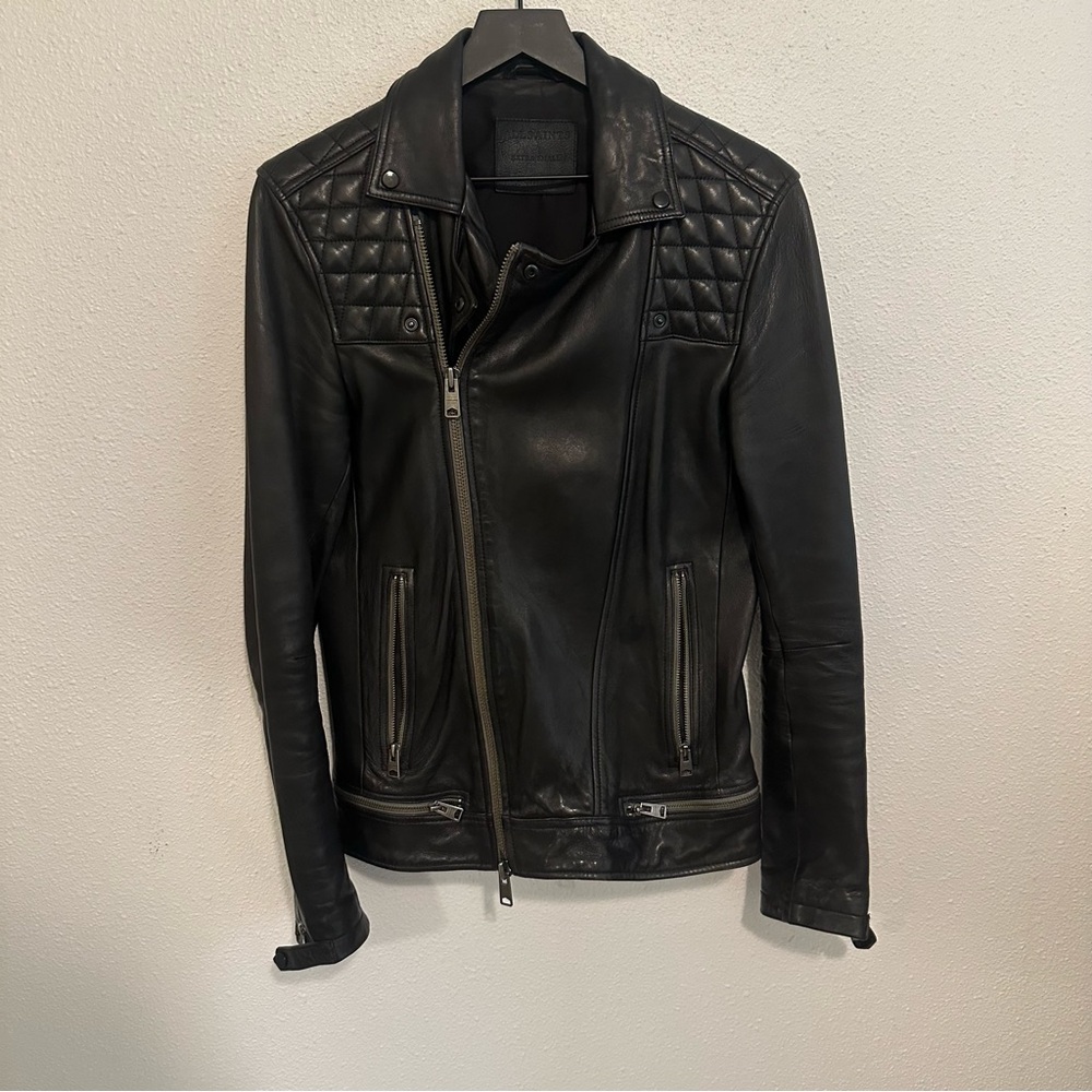Allsaints Black Leather Jacket with Quilted Shoulders